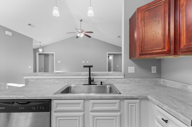 kitchen featuring white cabinetry, sink, ceiling fan, stainless steel dishwasher, and vaulted ceiling