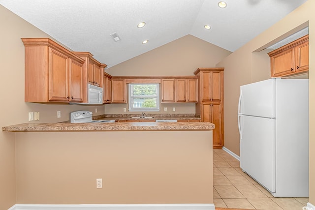kitchen with white appliances, light tile patterned floors, light countertops, a peninsula, and lofted ceiling