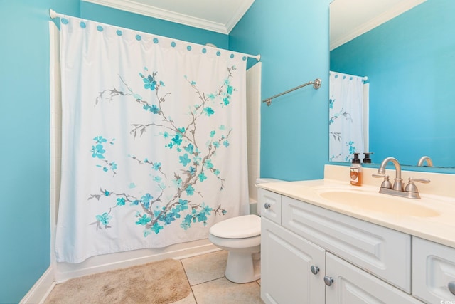 full bathroom with tile patterned floors, vanity, crown molding, shower / bathtub combination with curtain, and toilet