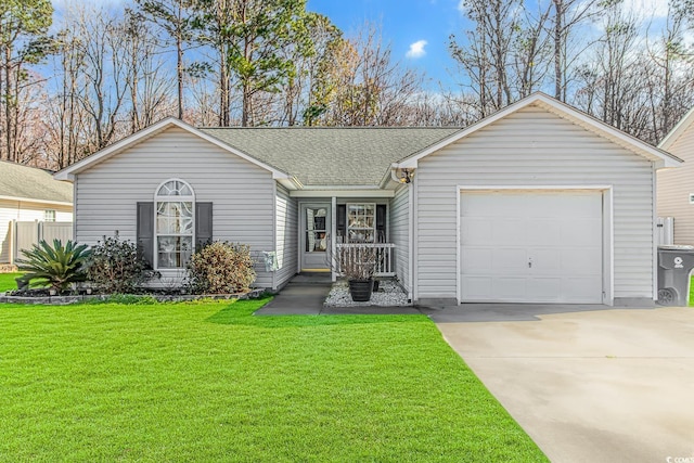 ranch-style home featuring a garage, driveway, a front lawn, and roof with shingles