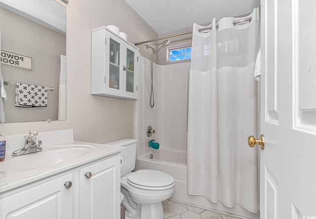 full bath featuring toilet, tile patterned flooring, shower / tub combo with curtain, and vanity