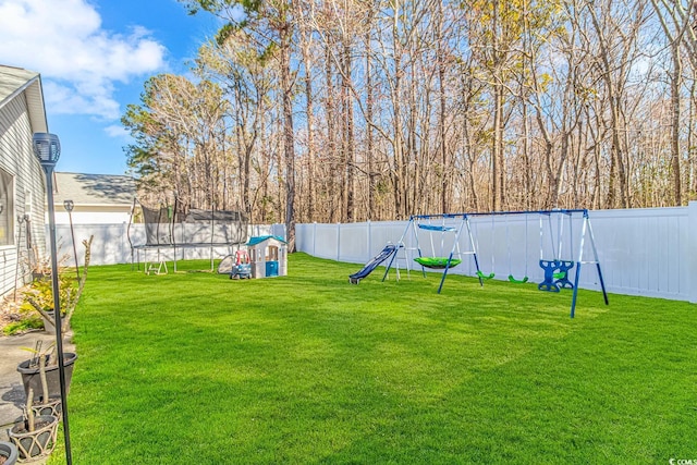 view of yard featuring a fenced backyard and a trampoline