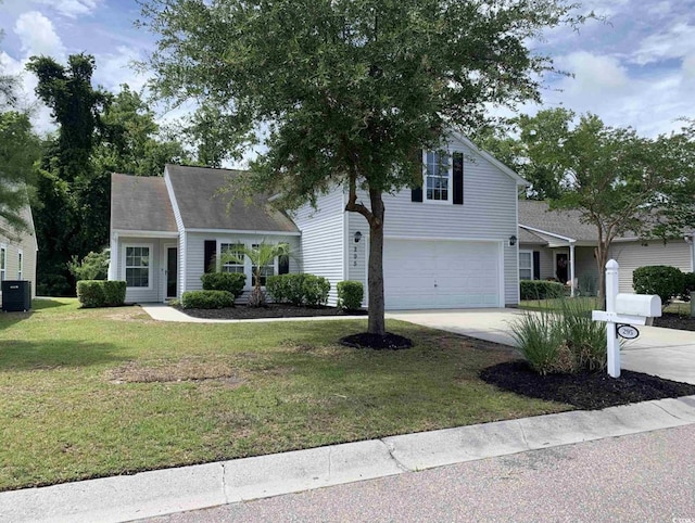 view of front facade featuring central air condition unit, a front lawn, and a garage