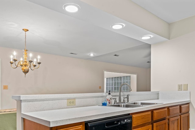 kitchen featuring sink, an inviting chandelier, hanging light fixtures, black dishwasher, and kitchen peninsula