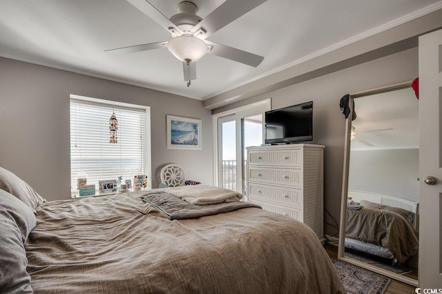 bedroom with access to exterior, ceiling fan, and crown molding