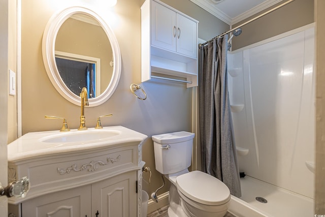 bathroom featuring toilet, walk in shower, vanity, and ornamental molding