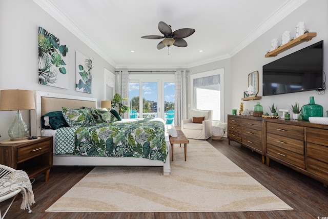 bedroom featuring ceiling fan, dark hardwood / wood-style flooring, ornamental molding, and access to outside