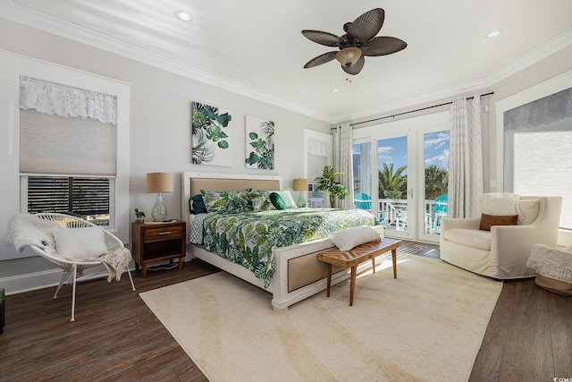 bedroom featuring access to exterior, ceiling fan, wood-type flooring, and ornamental molding