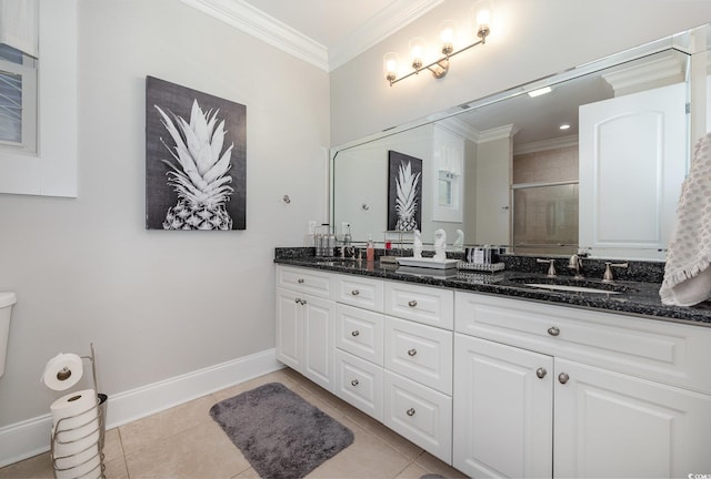 bathroom with tile patterned floors, walk in shower, and ornamental molding