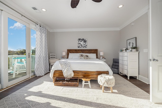 bedroom with access to outside, ceiling fan, ornamental molding, and dark hardwood / wood-style floors