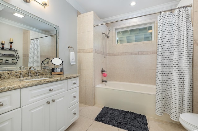 full bathroom with tile patterned floors, shower / bath combo, crown molding, and vanity