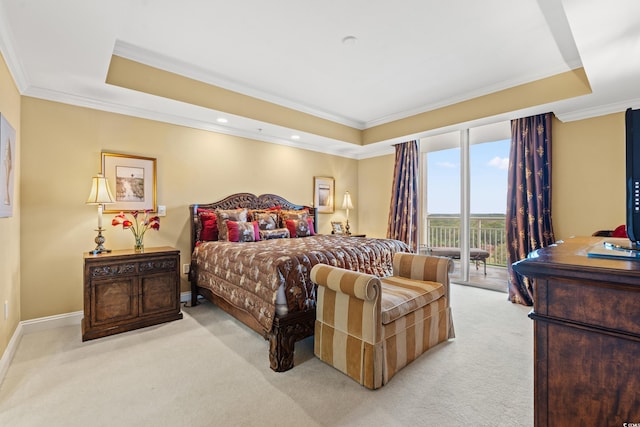 bedroom with a raised ceiling, access to exterior, and light colored carpet