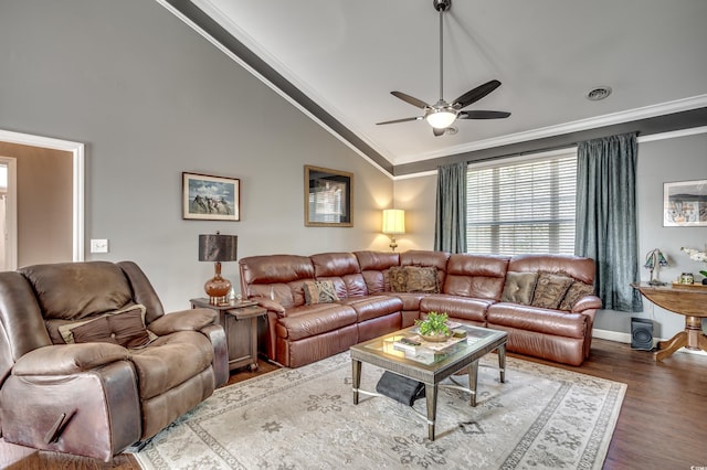 living room featuring ceiling fan, high vaulted ceiling, crown molding, and dark hardwood / wood-style flooring