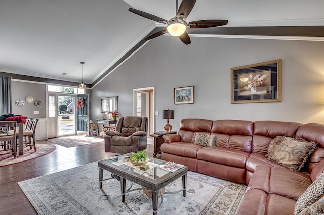 living room featuring ceiling fan, ornamental molding, high vaulted ceiling, and wood-type flooring