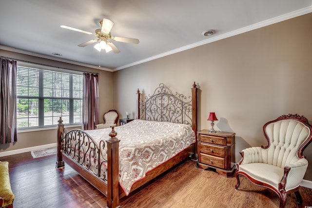 bedroom with ceiling fan, wood-type flooring, and ornamental molding