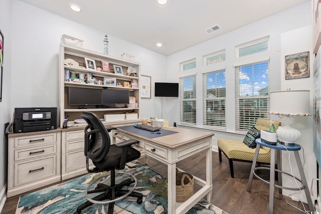 home office featuring dark wood-type flooring