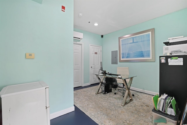 home office with concrete flooring, electric panel, and a wall mounted AC