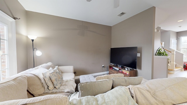 living room with ceiling fan