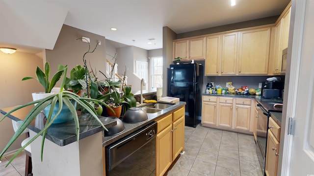 kitchen with sink, light tile patterned floors, black appliances, and light brown cabinets