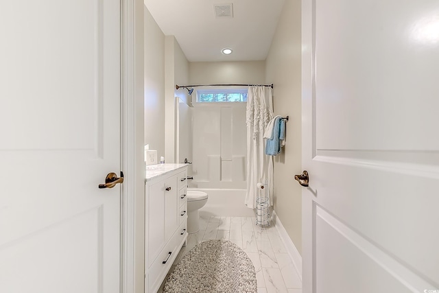 full bathroom with vanity, shower / bath combination with curtain, and toilet