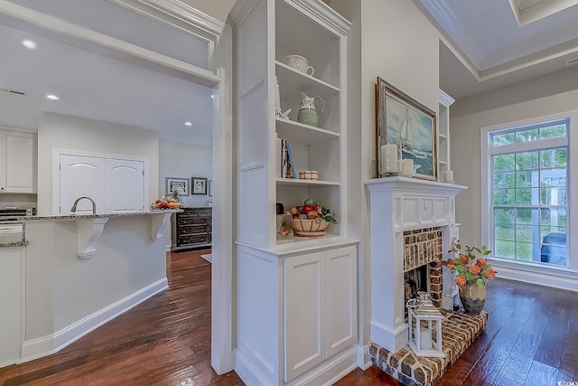 interior space with light stone countertops, built in shelves, dark wood-type flooring, a fireplace, and white cabinetry