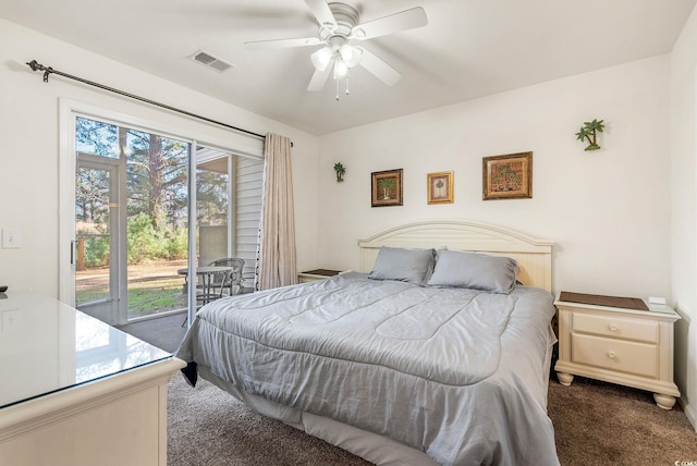 bedroom featuring ceiling fan, access to exterior, and carpet floors