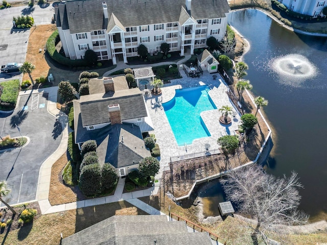 drone / aerial view featuring a water view