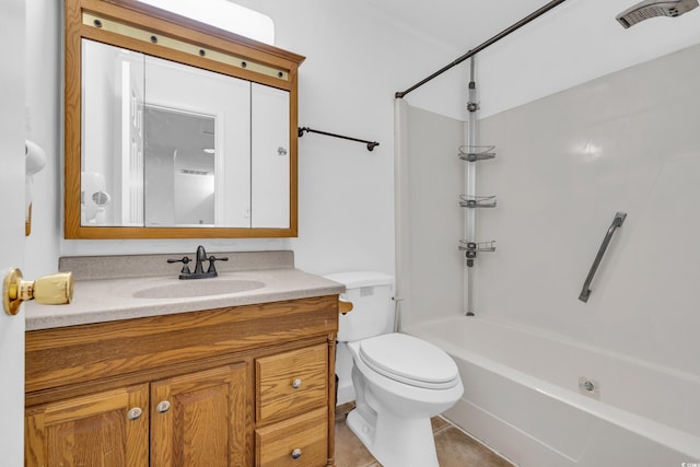 full bathroom with toilet, vanity, tub / shower combination, and tile patterned floors