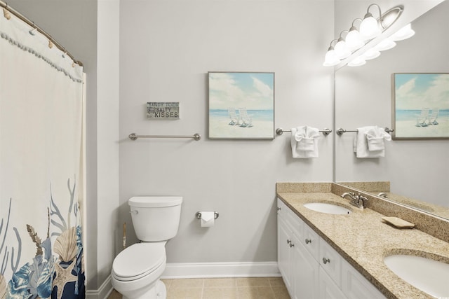 bathroom with tile patterned floors, curtained shower, vanity, and toilet