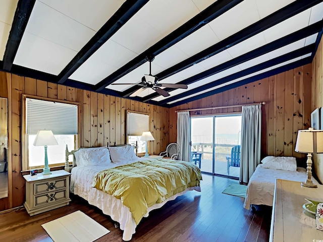 bedroom featuring vaulted ceiling with beams, ceiling fan, dark hardwood / wood-style flooring, and access to outside