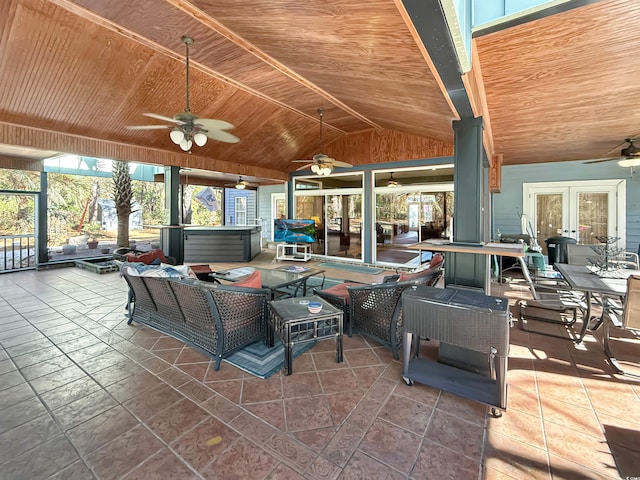 view of patio with french doors, an outdoor hangout area, and ceiling fan