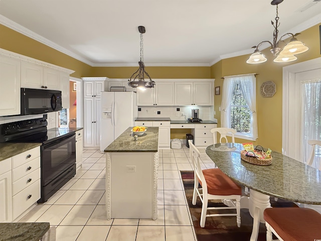 kitchen featuring black appliances, a kitchen island, white cabinets, and pendant lighting