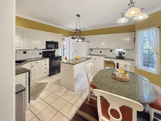 kitchen featuring white cabinetry, decorative light fixtures, a kitchen island, black appliances, and ornamental molding