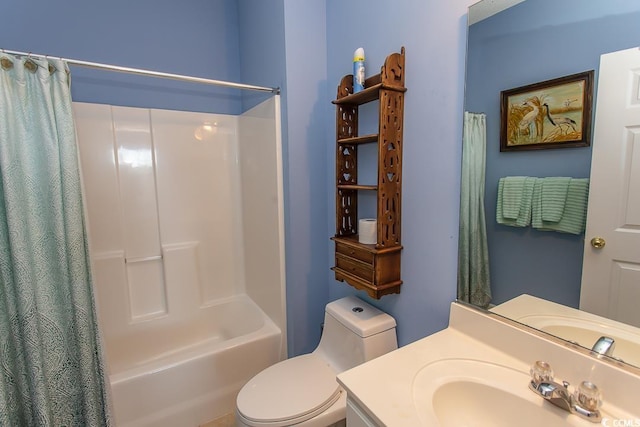 full bathroom with shower / tub combo, vanity, and toilet