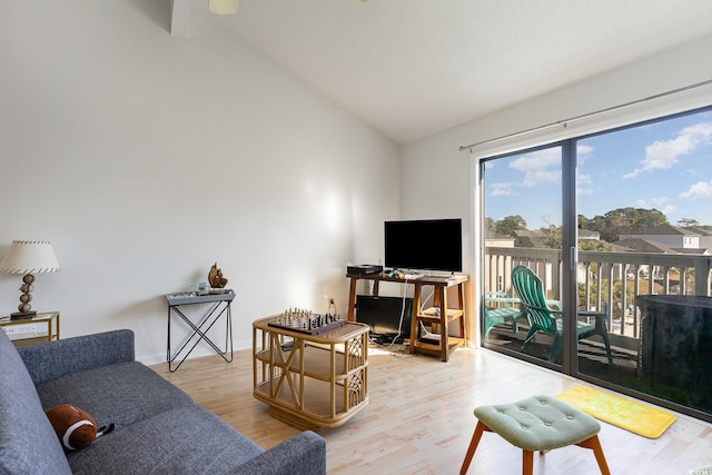 living room featuring light hardwood / wood-style flooring and lofted ceiling