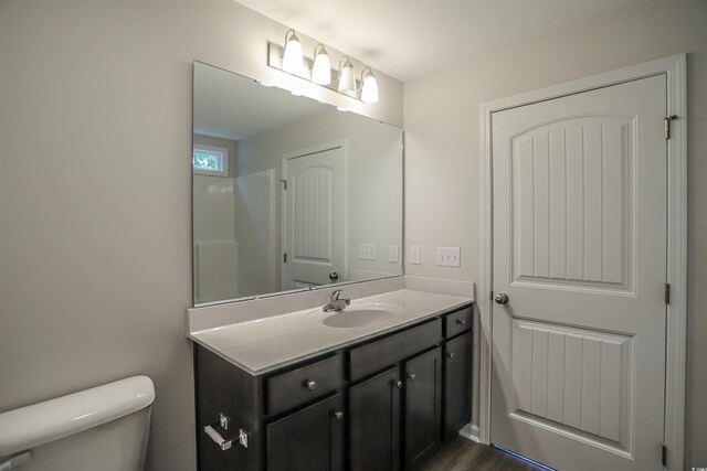 bathroom featuring vanity, toilet, and wood-type flooring