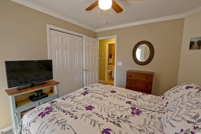 bedroom with a closet, ceiling fan, and crown molding