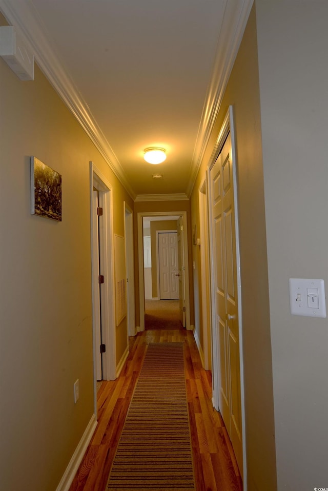 hall featuring wood-type flooring and ornamental molding