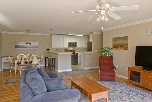 living room with crown molding, light hardwood / wood-style flooring, ceiling fan, and sink