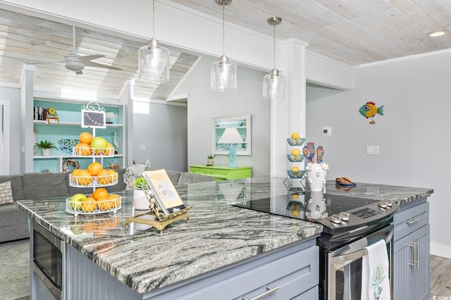 kitchen featuring light stone countertops, ornamental molding, wood ceiling, stainless steel appliances, and ceiling fan