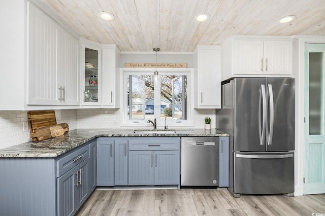 kitchen with sink, wooden ceiling, stainless steel appliances, pendant lighting, and white cabinets