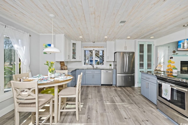 kitchen featuring pendant lighting, white cabinetry, appliances with stainless steel finishes, and wood ceiling