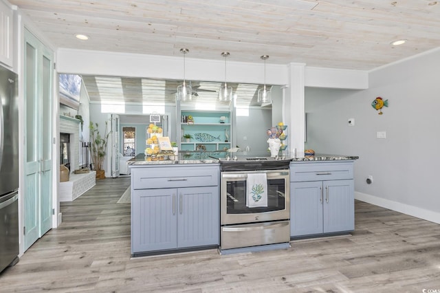 kitchen featuring light stone countertops, appliances with stainless steel finishes, light wood-type flooring, decorative light fixtures, and wooden ceiling