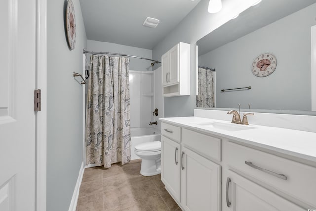 full bathroom featuring toilet, vanity, and shower / tub combo with curtain