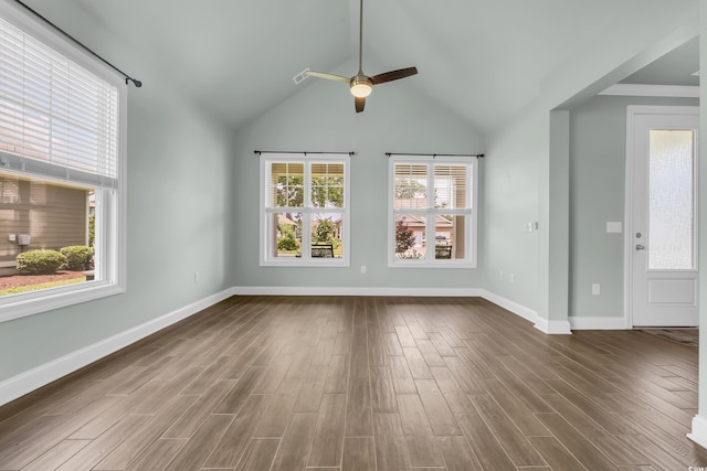 1405 Osprey Pointe Ln, North Myrtle Beach, SC 29582 - unfurnished living room with dark wood finished floors, a ceiling fan, and lofted ceiling