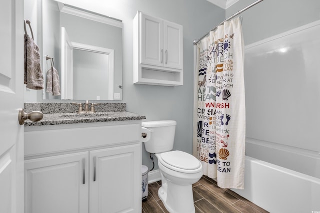 1405 Osprey Pointe Ln, North Myrtle Beach, SC 29582 - bathroom with vanity, shower / bathtub combination with curtain, wood finished floors, and ornamental molding