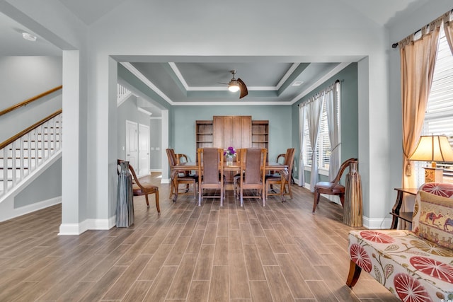 dining space featuring a tray ceiling, ceiling fan, and hardwood / wood-style floors