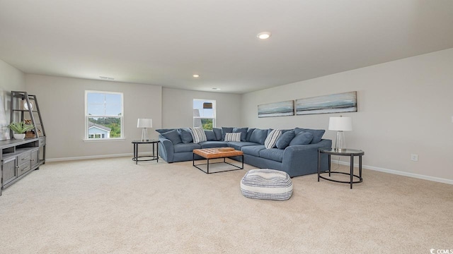 living room with light colored carpet