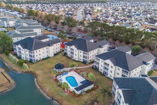 drone / aerial view featuring a water view