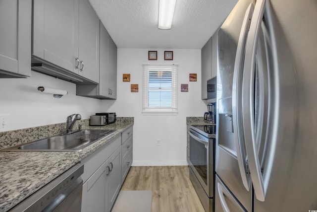 kitchen featuring sink, light hardwood / wood-style flooring, a textured ceiling, gray cabinets, and appliances with stainless steel finishes